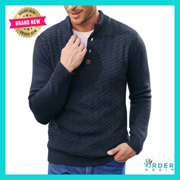 Mock Neck Button Sweater Casual Knitted Pullover Classic Minimal Style